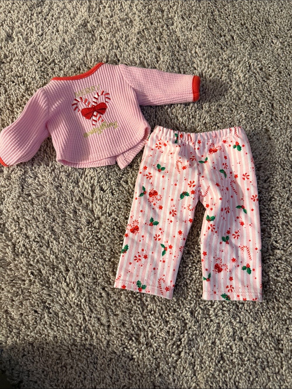 American Girl Pink Holiday Pajama Set with Red and Green Accents